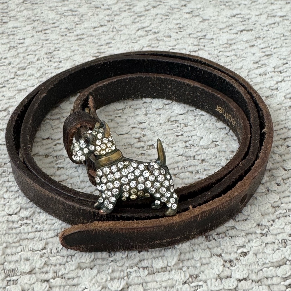 Martine Wester Vintage Rhinestone Terrier Dog  Brown Thin Skinny Leather Belt